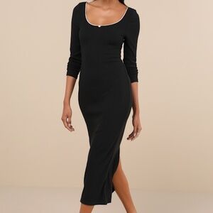 Lulus Certainly Darling Black Ribbed Long Sleeve Midi Dress - Size M